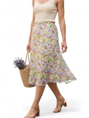 ​Vintage Chadwick's 100% Silk Floral Midi Skirt 90s Y2K Fairycore Pastel L